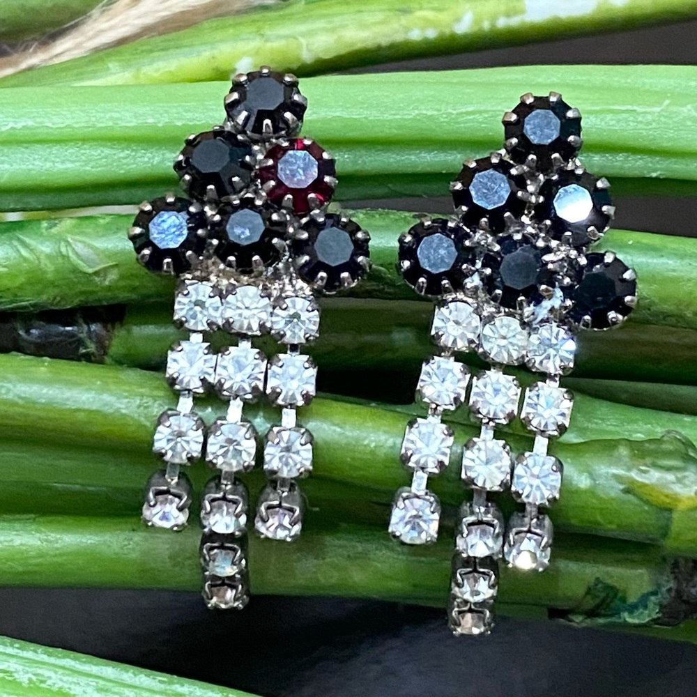 Vintage Deep Garnet Almost Black Rhinestones Waterfall Drop Pierced Earrings